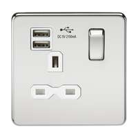 Screwless 13A 1G switched socket with dual USB charger (2.1A) - polished chrome with white insert_base