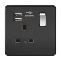 Screwless 13A 1G switched socket with dual USB charger (2.1A) - matt black with chrome rocker_base